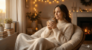 A woman relaxing comfortably at home with a warm mug of tea instead of alcohol.