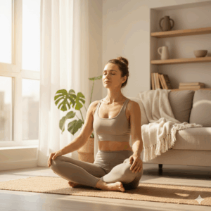 A woman practicing mindful breathing and grounding techniques to manage alcohol cravings in a bright room