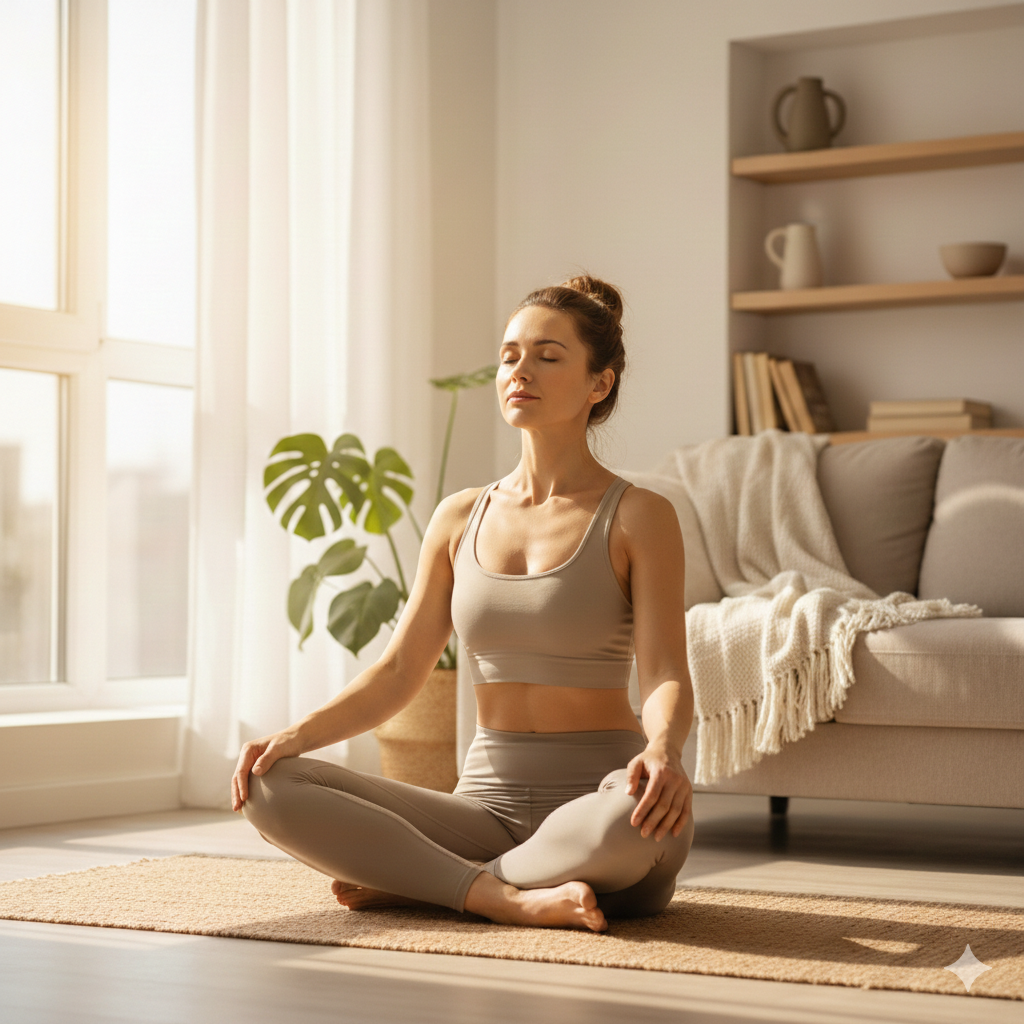 A woman practicing mindful breathing and grounding techniques to manage alcohol cravings in a bright room