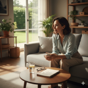 woman in a sunlit room looking at a tablet with a calm expression, symbolizing the start of a recovery journey.